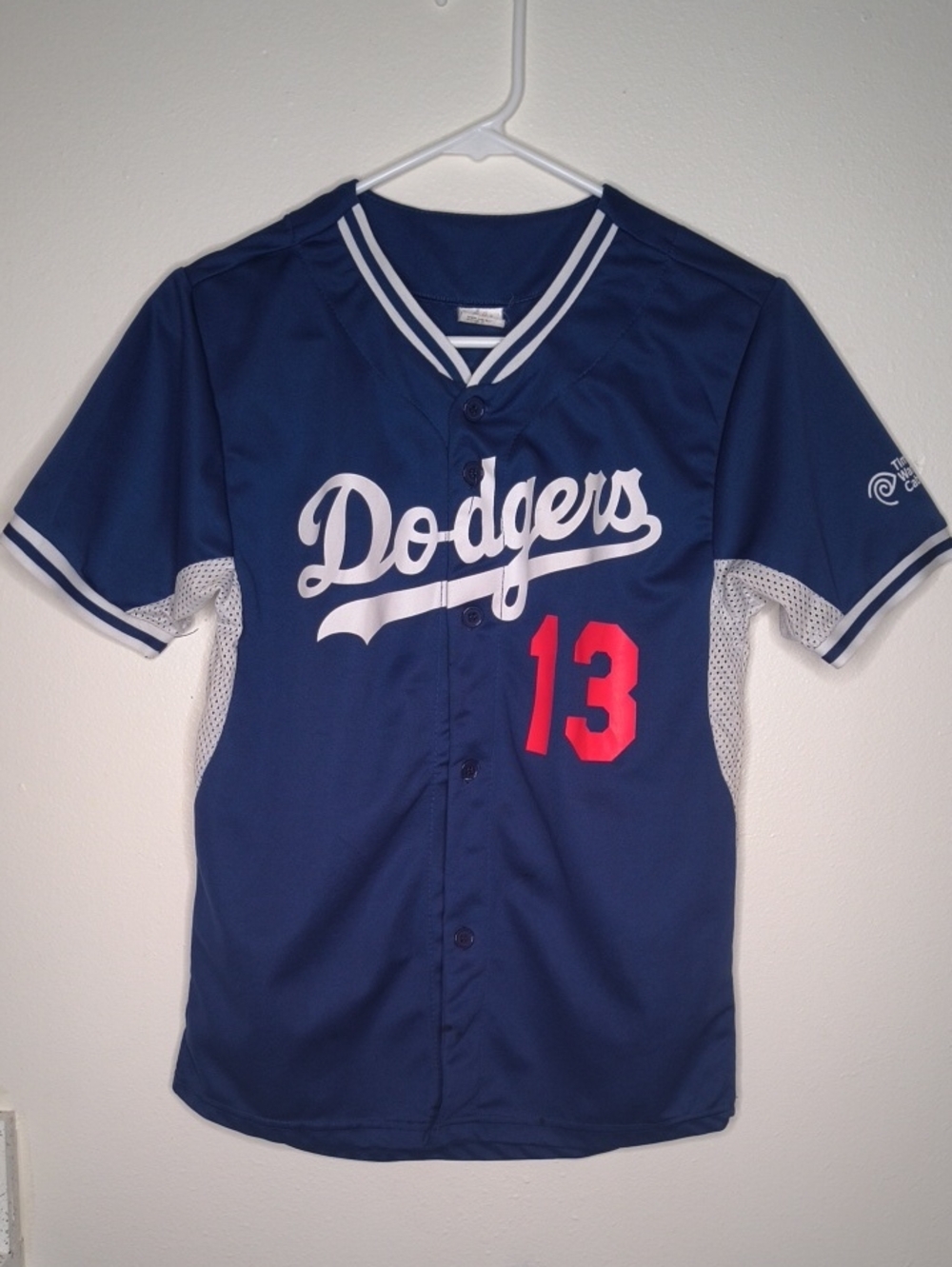 Dodgers Navy Blue Baseball Jersey with Red Number 13